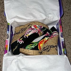 Brand new Ed Hardy cork bottom wedges - new in box never worn!